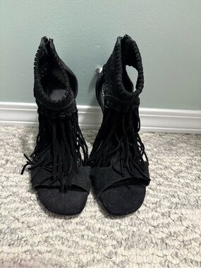 Chinese Laundry Black Fringe Open-Toe Heels